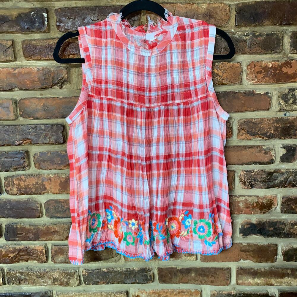 Sister Mary Red Plaid Floral Embroidered Sleeveless Top Women's Size Small